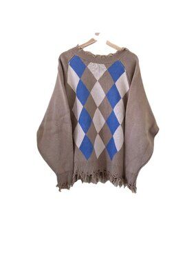 Umamiism Sweater Women M Cream Fringe Distressed Argyle Slouchy Grunge Edgy Punk